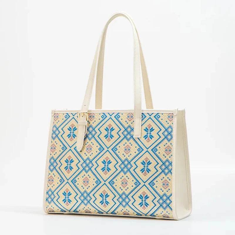 Zhuang Brocade Handicraft Large-Capacity Commuter Tote Bag - SinoCultural -- FJ120765-2
