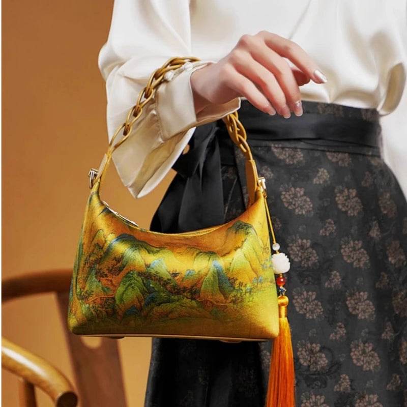 Chinese Painting Xiangyunsha Silk Shoulder Bag Designer Handbag - SinoCultural -- P170083