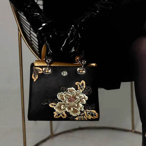 Embroidery Leather Black Lady Bag Gold Peony Luxury Handbag - SinoCultural -- P110146-1