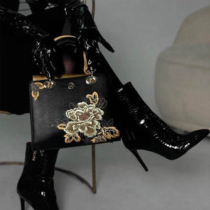 Embroidery Leather Black Lady Bag Gold Peony Luxury Handbag - SinoCultural -- P110146-1