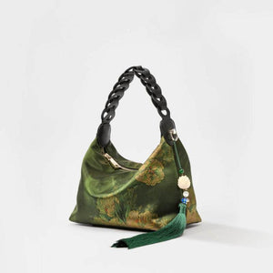 Xiangyunsha Silk Dark Green Mulberry Silk Shoulder Bag - SinoCultural -- P170083-2