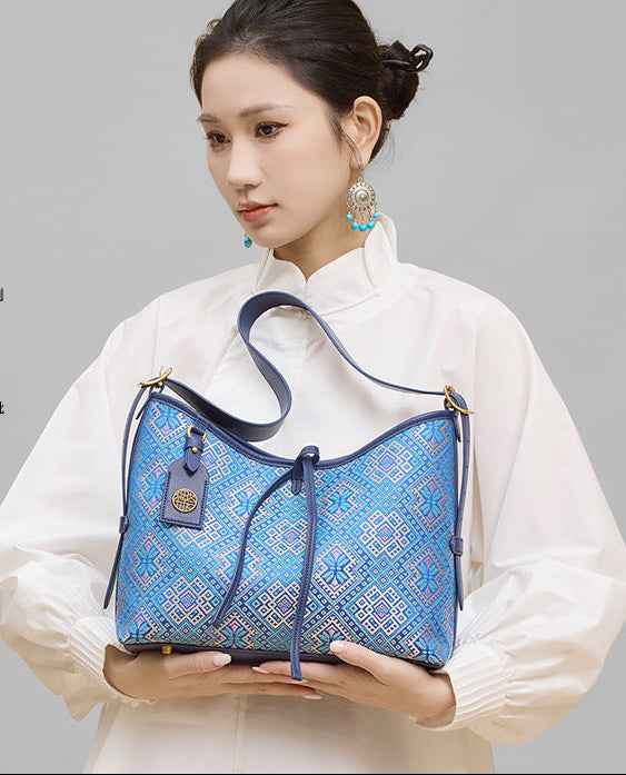 Tan Xiangguang Famous Zhuang Brocade Bag New Chinese Style National Style Tote Bag Genuine Leather High-end Sense Deep Blue Fashion Mother and Child Bag