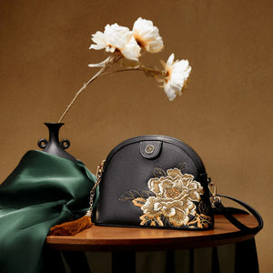 Embroidery Leather Shoulder Bag High Luxury Royal Gold Peony - SinoCultural -- P210079