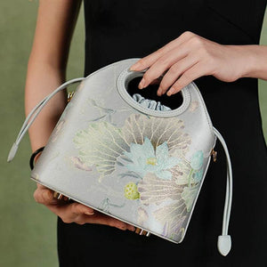 Printed Jacquard Lotus Gray Drawstring Bucket Bag - SinoCultural -- LD120670-1
