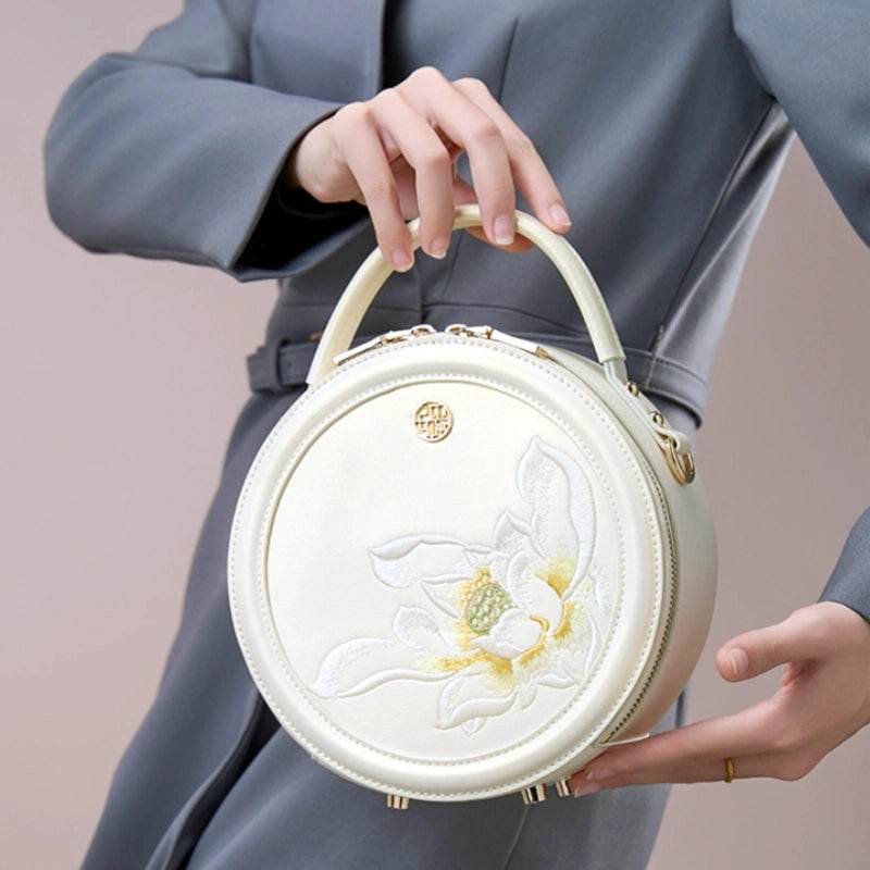 Embroidery Leather White Round Handbag Lotus - SinoCultural -- P120355