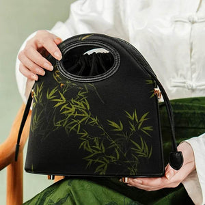 Xiangyunsha Silk Bamboo Black Drawstring Bucket Bag - SinoCultural -- YS120670-1