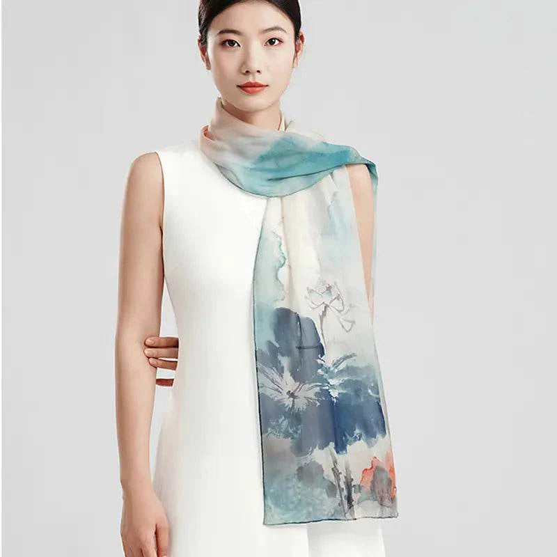 100% Mulberry Silk Ink Lotus Serene Design Long Scarf 180 x 50 Cm - SinoCultural -- LS075-1