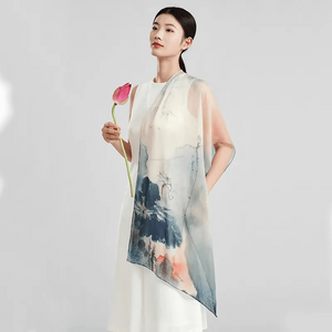 100% Mulberry Silk Ink Lotus Serene Design Long Scarf 180 x 50 Cm - SinoCultural -- LS075-1