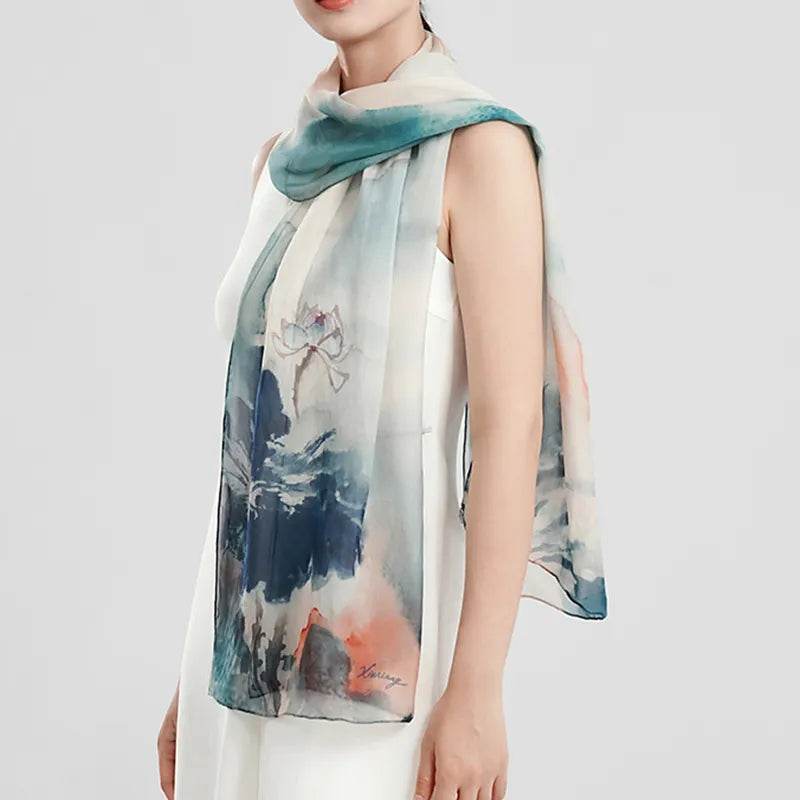 100% Mulberry Silk Ink Lotus Serene Design Long Scarf 180 x 50 Cm - SinoCultural -- LS075-1