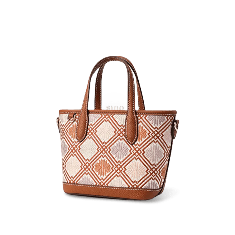 Luxury Zhuang Brocade Embroidered Leather Zipper Crossbody Bag - SinoCultural -- FJ110696