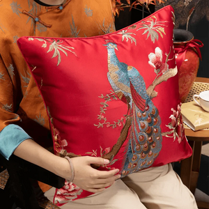 Chinoiserie Peony and Peacock Embroidered Throw Pillow for Sofa Bed Decor - SinoCultural -- SJZBZ083B45A