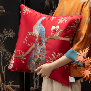 Chinoiserie Peony and Peacock Embroidered Throw Pillow for Sofa Bed Decor - SinoCultural -- SJZBZ083B45A