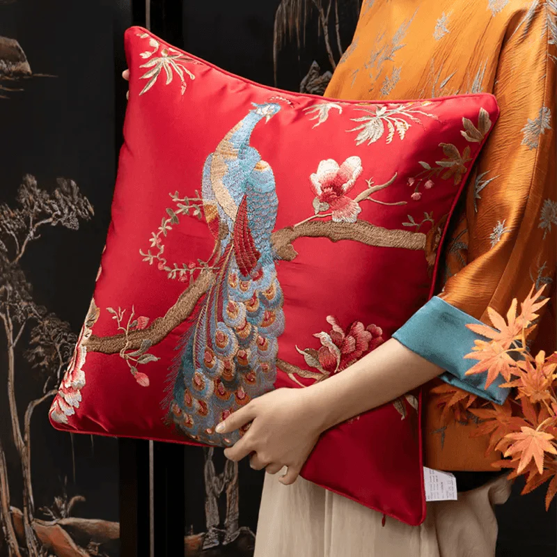 Chinoiserie Peony and Peacock Embroidered Throw Pillow for Sofa Bed Decor - SinoCultural -- SJZBZ083B45A
