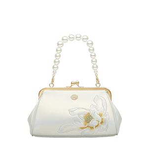 Embroidery Leather Kiss Lock Clutch Bag Lotus Evening Handbag - SinoCultural -- P220251