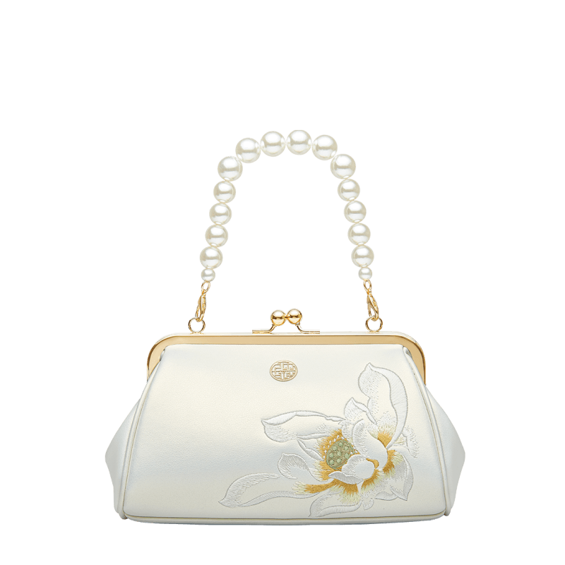 Embroidery Leather Kiss Lock Clutch Bag Lotus Evening Handbag - SinoCultural -- P220251