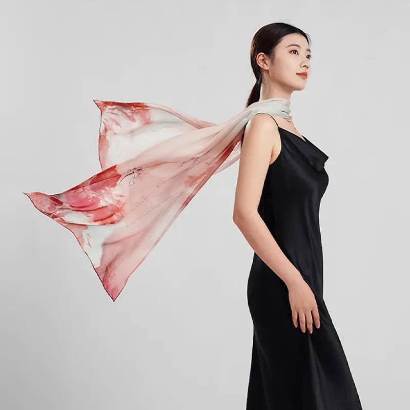 100% Mulberry Silk Ink Lotus Serene Design Long Scarf 180 x 50 Cm - SinoCultural -- LS075-1