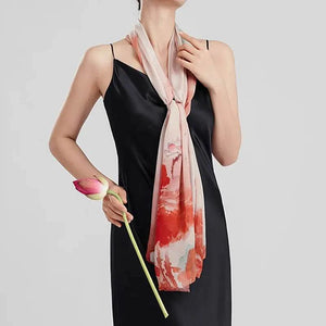 100% Mulberry Silk Ink Lotus Serene Design Long Scarf 180 x 50 Cm - SinoCultural -- LS075-1