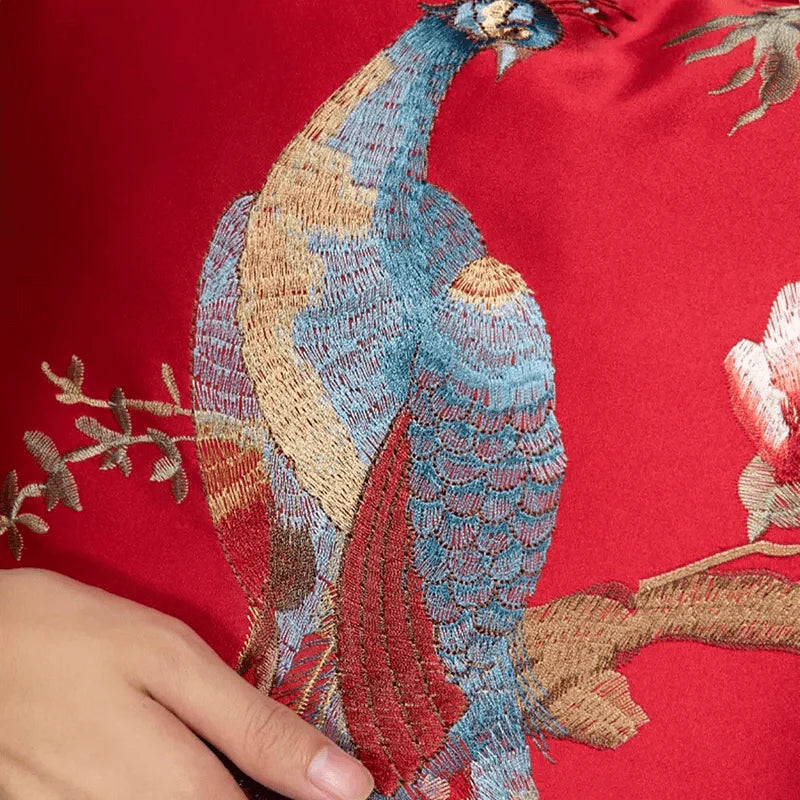 Chinoiserie Peony and Peacock Embroidered Throw Pillow for Sofa Bed Decor - SinoCultural -- SJZBZ083B45A