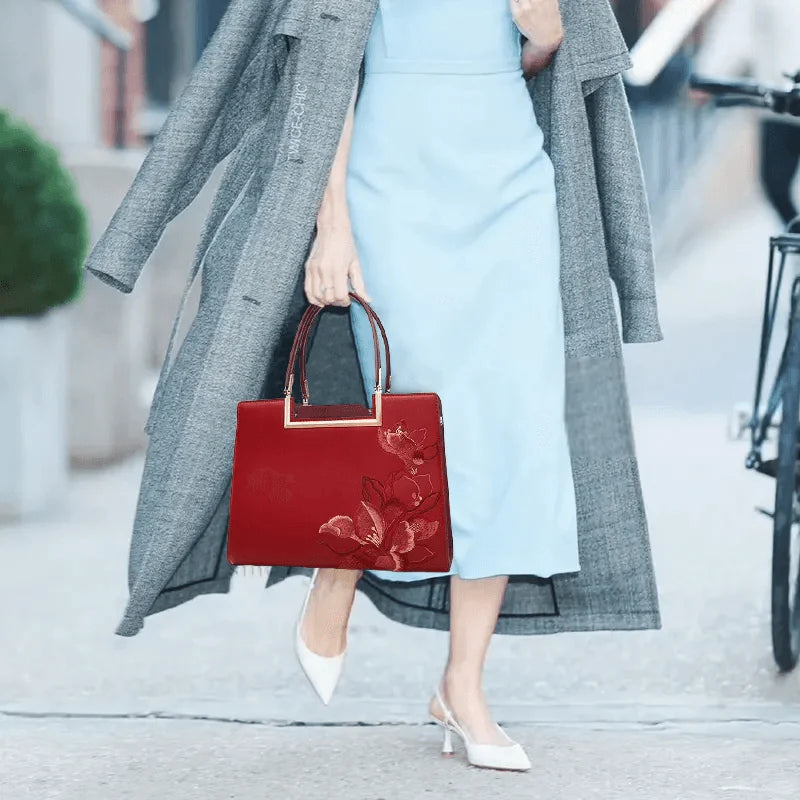 Sinocultural Embroidery Leather Red Tote Bag Magnolia Women's Handbag - SinoCultural -- P120346-1