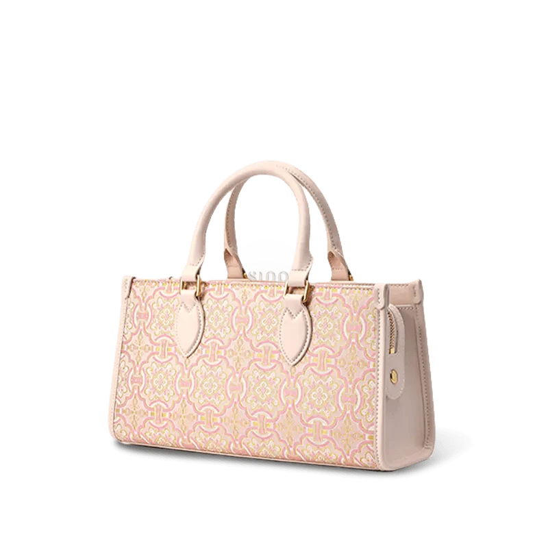 Song Brocade Leather Handbag – Pink & Gold DingSheng Motif - SinoCultural -- FJ120770