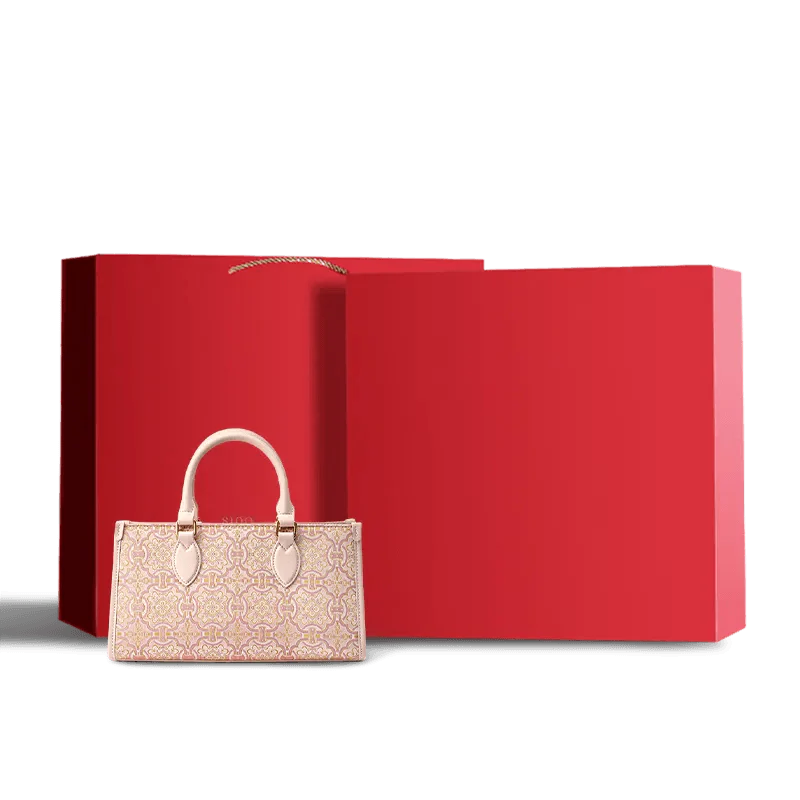 Song Brocade Leather Handbag – Pink & Gold DingSheng Motif - SinoCultural -- FJ120770