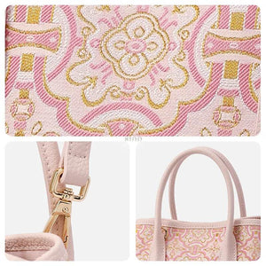 Song Brocade Pink DingSheng Motif Embroidery Leather Crossbody Bag - SinoCultural -- FJ110692