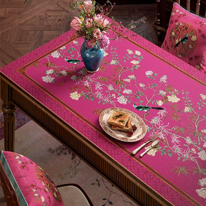 Left detail of pink chinoiserie leather table mat.