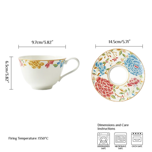 Scale diagram: 180 ml floral cup with 5.71-inch saucer measurements.
