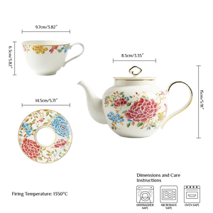 Scale diagram: 480 ml teapot, 180 ml cup, 5.71" saucer measurements.
