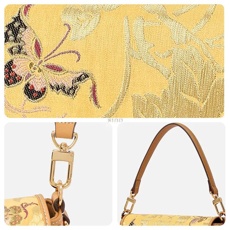 Luxury Yunjin Brocade Leather Handbag with Embroidered Butterfly Pattern - SinoCultural -- FJ220681