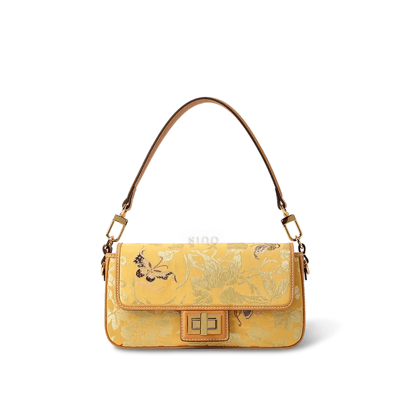Luxury Yunjin Brocade Leather Handbag with Embroidered Butterfly Pattern - SinoCultural -- FJ220681