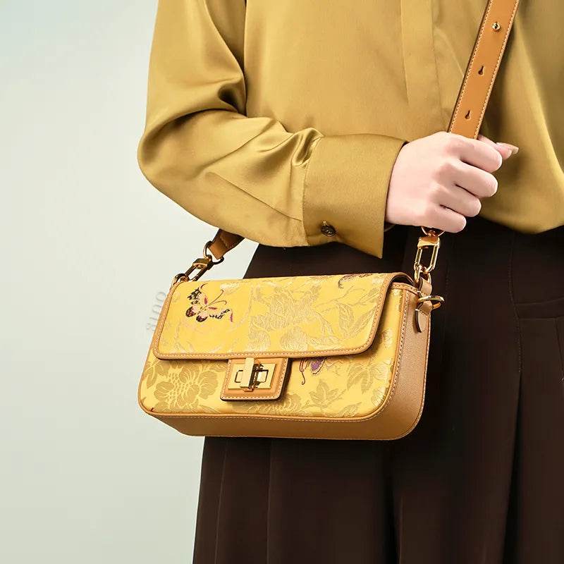 Luxury Yunjin Brocade Leather Handbag with Embroidered Butterfly Pattern - SinoCultural -- FJ220681