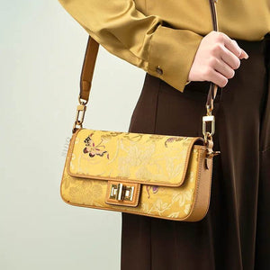 Luxury Yunjin Brocade Leather Handbag with Embroidered Butterfly Pattern - SinoCultural -- FJ220681