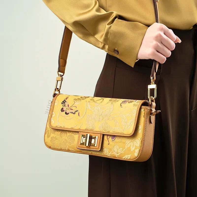 Luxury Yunjin Brocade Leather Handbag with Embroidered Butterfly Pattern - SinoCultural -- FJ220681