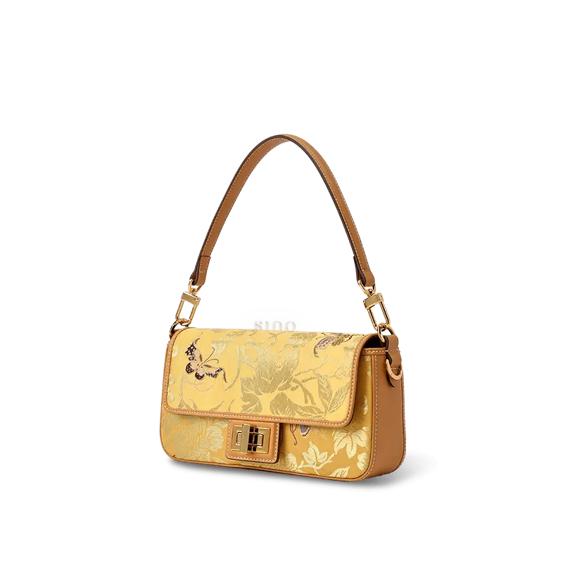Luxury Yunjin Brocade Leather Handbag with Embroidered Butterfly Pattern - SinoCultural -- FJ220681