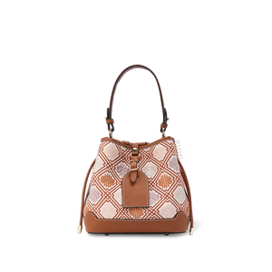 Front view: Zhuang brocade chrysanthemum meander bucket bag.