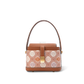 Front view: Zhuang brocade chrysanthemum meander crossbody bag.