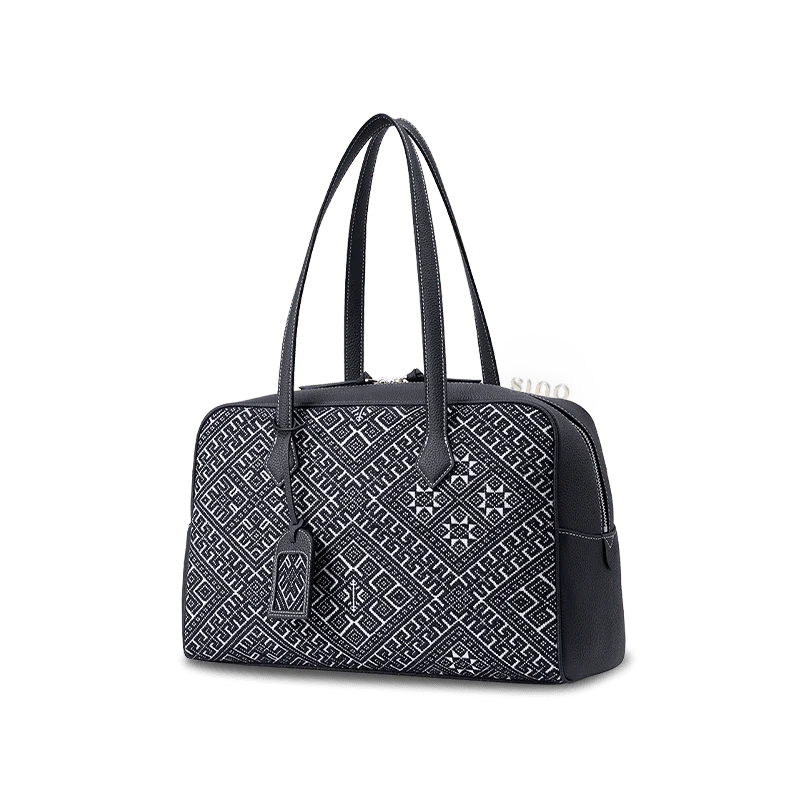 Zhuang Brocade Flying Swallow Motif Embroidered Leather Handbag - SinoCultural -- FJ110689