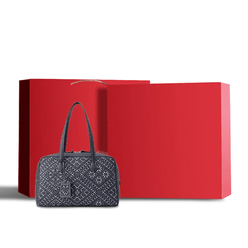 Zhuang Brocade Flying Swallow Motif Embroidered Leather Handbag - SinoCultural -- FJ110689