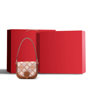Red gift box packaging for zhuang brocade messenger bag.