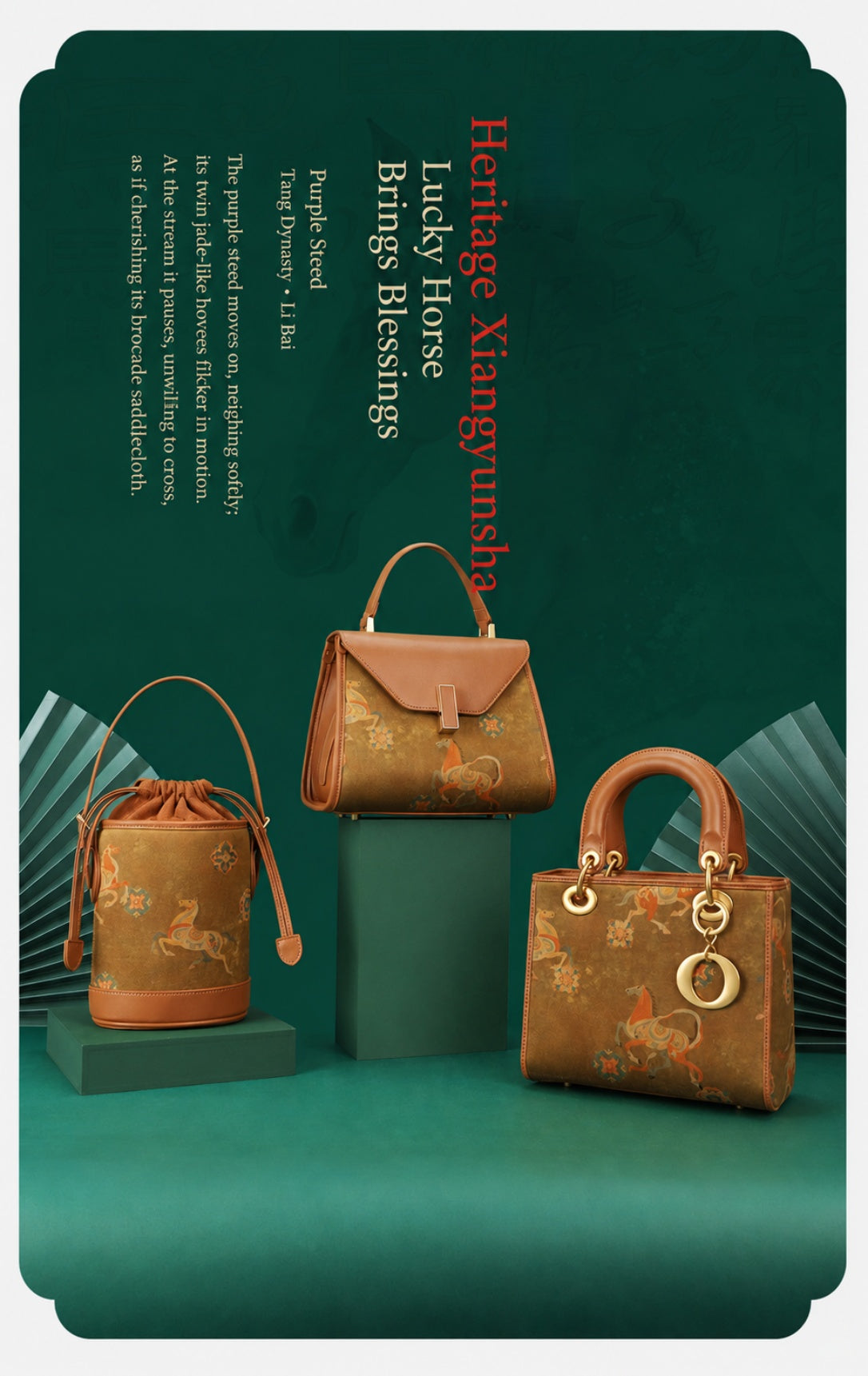 Heritage Xiangyunsha Lucky Horse Brings Blessings bag collection featuring Chinese silk leather bucket bag, top-handle bag, and structured handbag on green display.
