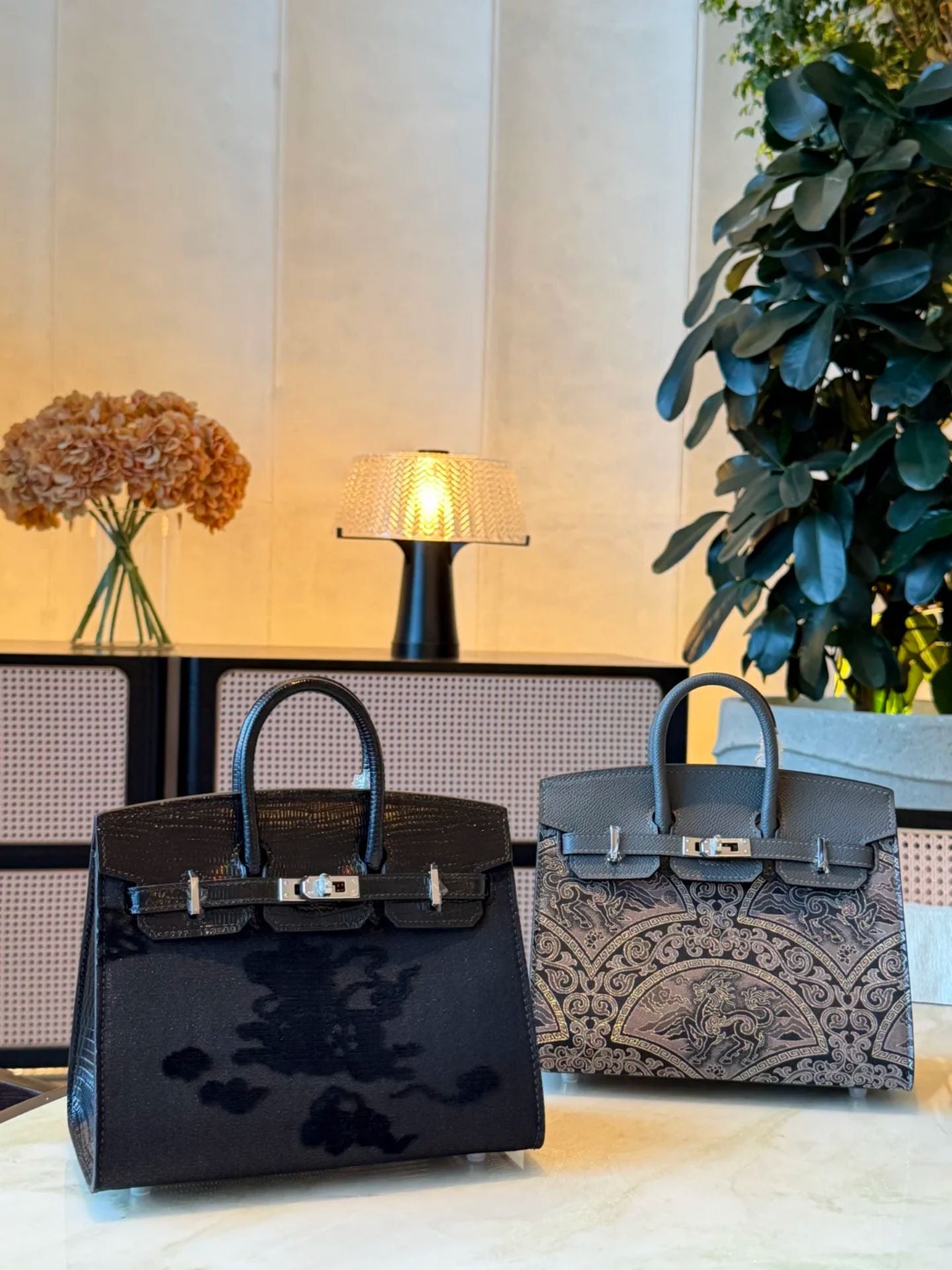 Four pink Song brocade structured top-handle tote bags with gold clasps and woven heritage motifs