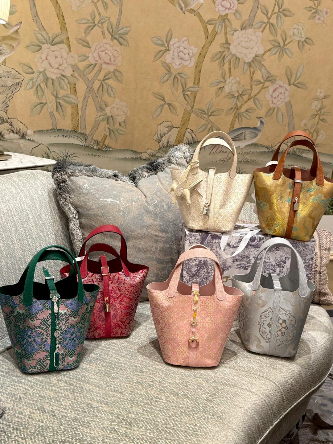 Song brocade handbag with traditional Chinese woven silk pattern and leather details by Brocade Modern