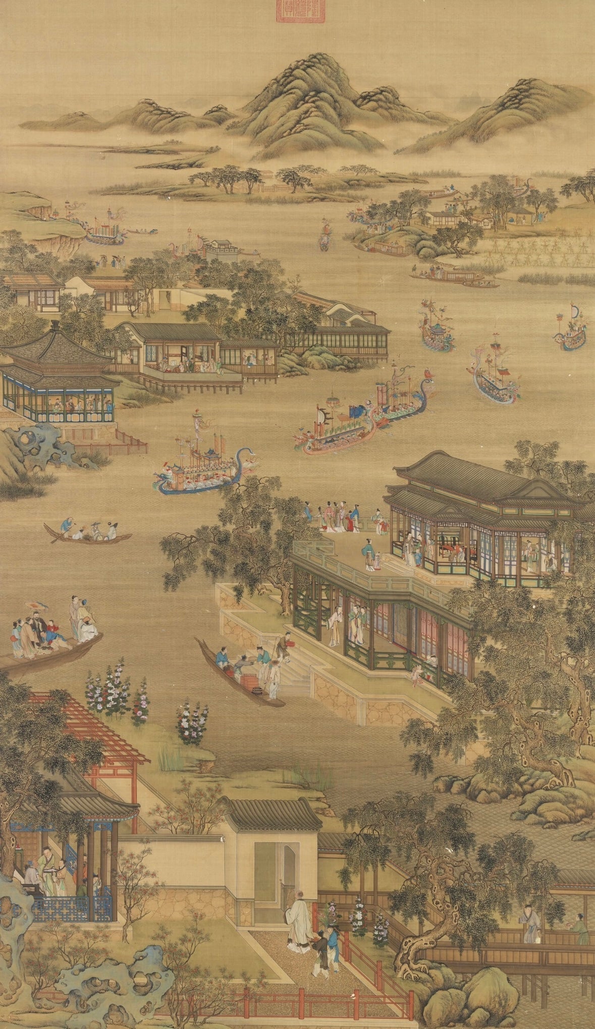 Qing court painting Twelve Lunar Months Fifth Month showing Dragon Boat Festival customs and dragon boats