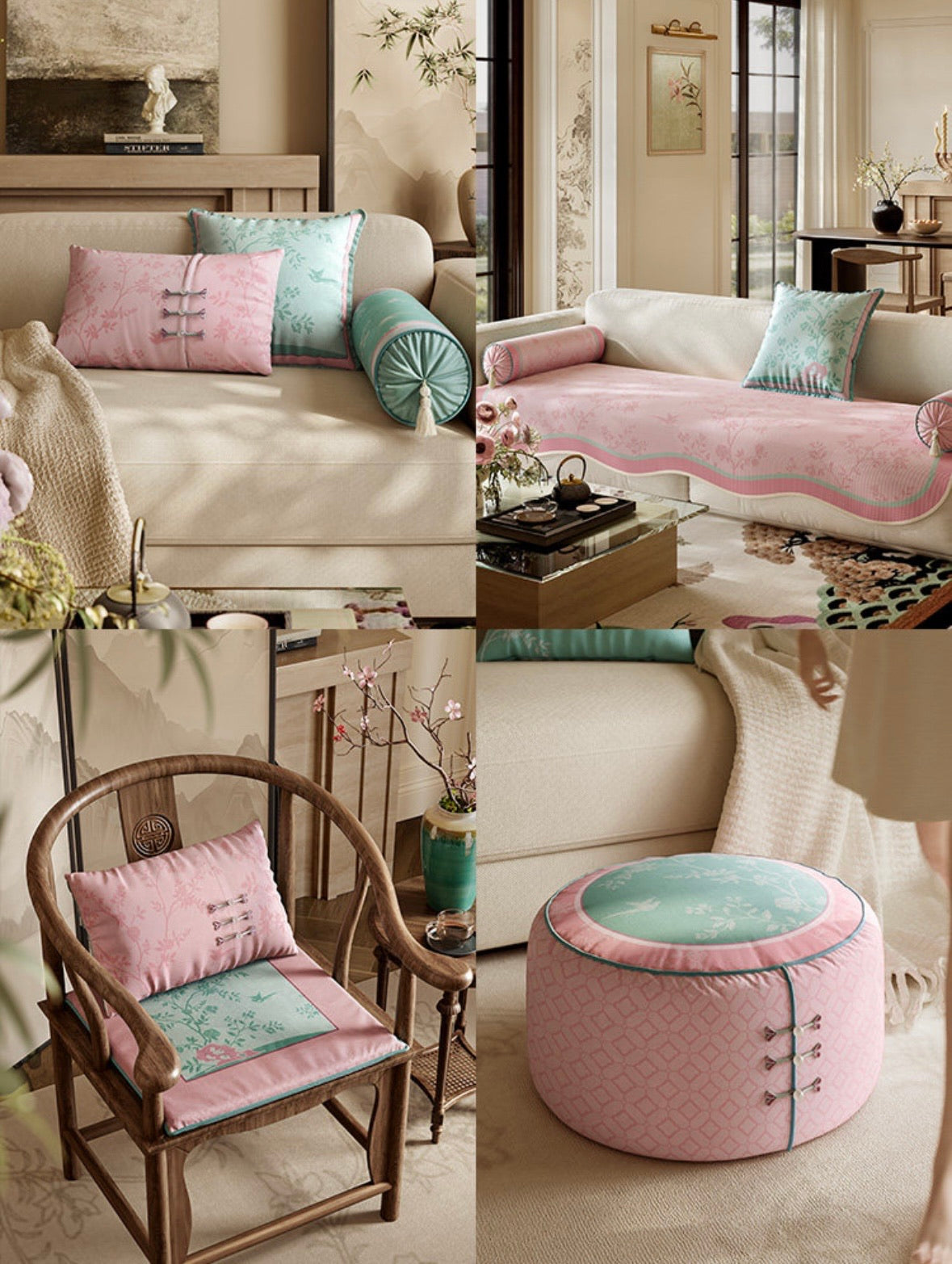 Chinese aesthetic home decor with embroidered cushions and heritage-inspired accents in a quiet luxury interior