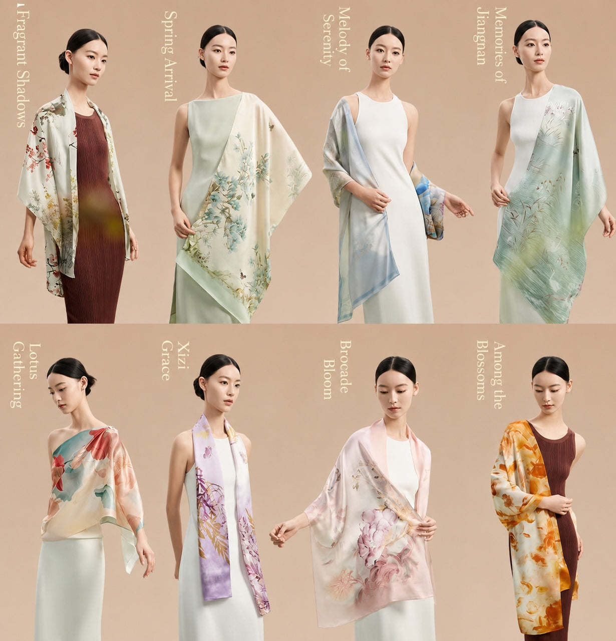 Twelve Flower Goddesses 100% mulberry silk scarf collection inspired by Chinese floral symbolism and seasonal flower deities