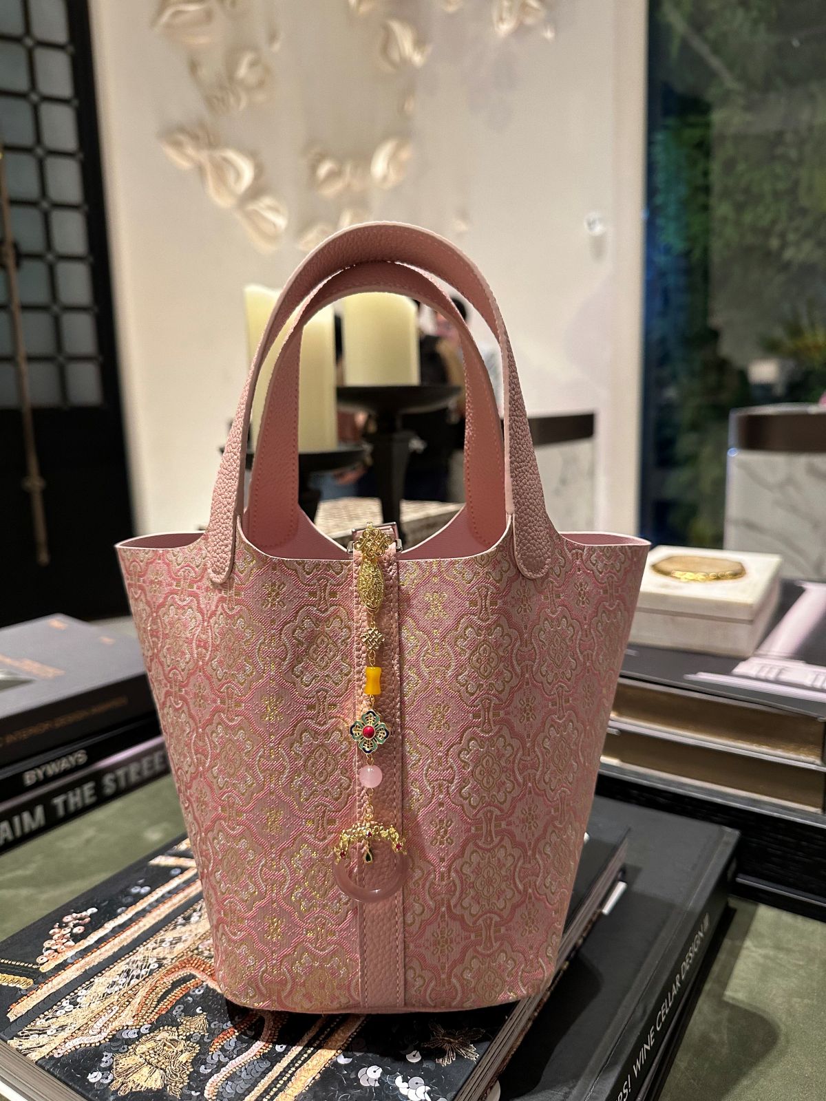 Song Brocade Silk & Leather Bucket Bag – Handmade Top Handle Bag