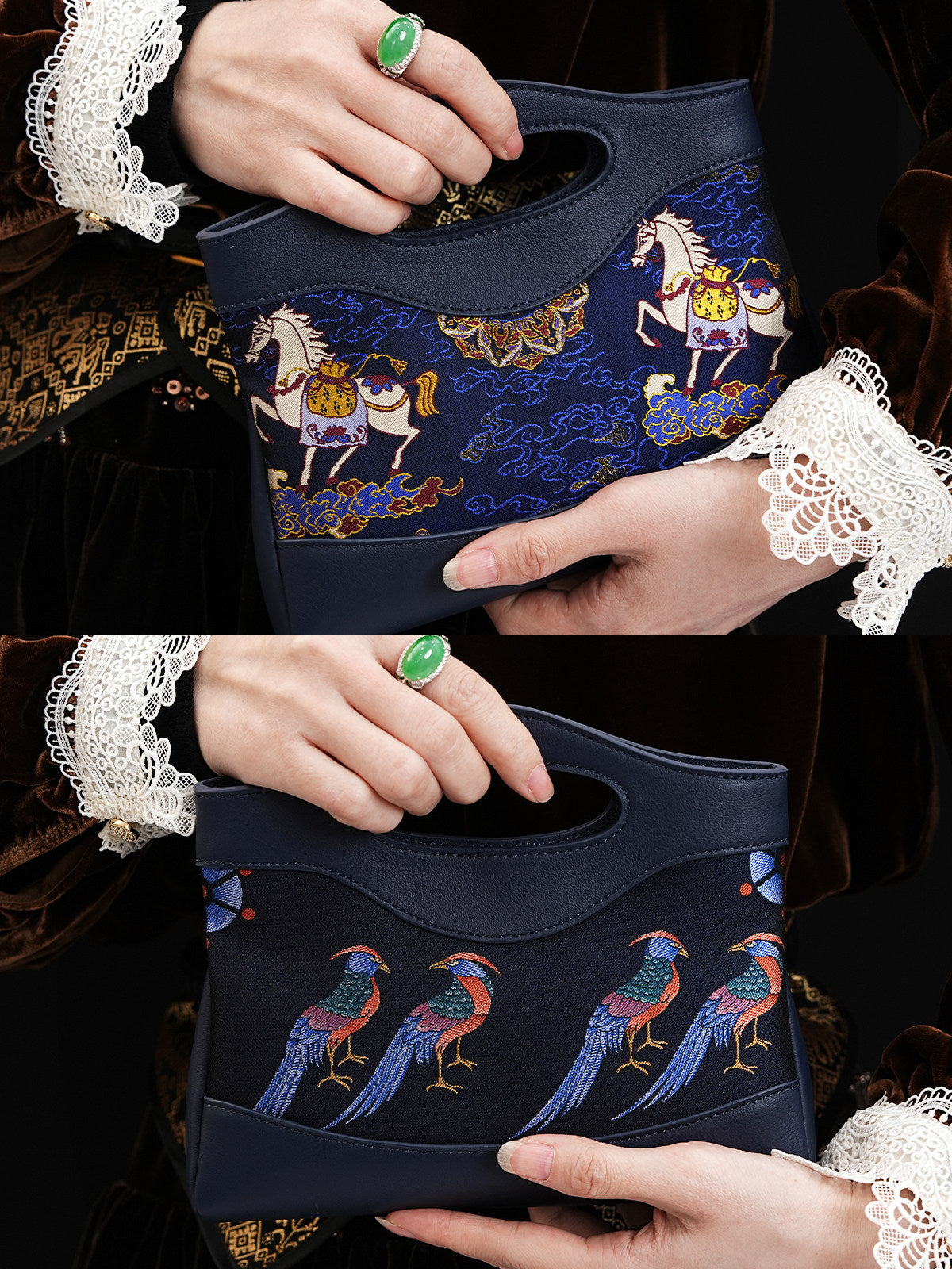 Close view of mulberry silk clutch bag showing woven motif texture and refined finish for Song Brocade Mulberry Silk styling