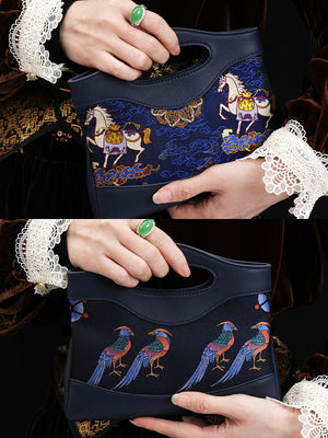 Close view of mulberry silk clutch bag showing woven motif texture and refined finish for Song Brocade Mulberry Silk styling