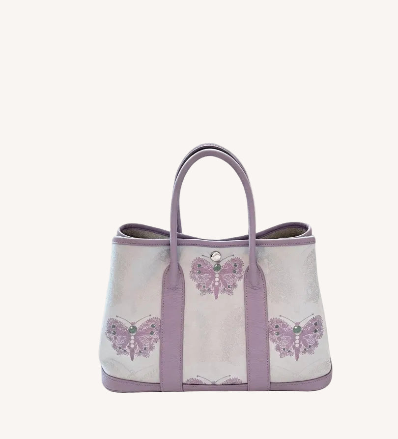 Mulberry silk clutch bag with butterfly motif and structured elegant handbag silhouette for Song Brocade Garden Tote styling
